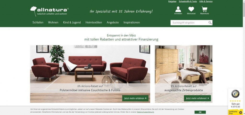 Der allnatura Online Shop hat besonders im Living Bereich ein breites Sortiment